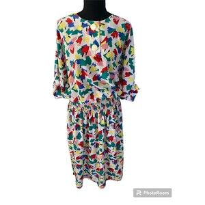 Vintage 80’s or 90’s Kasper smocked waist blouson top longer dress 3/4 sleeve